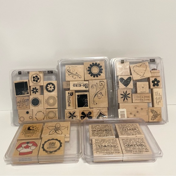 Stampin' Up! Other - Stampin Up Lot Wood Mount Rubber Stamps Spot Flowers Friends Swirls Hockey Words
